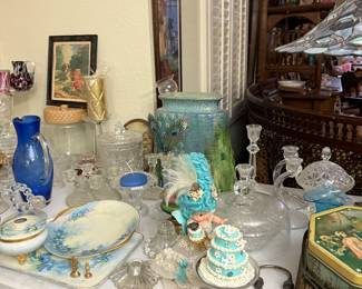 glassware and handpainted porc.