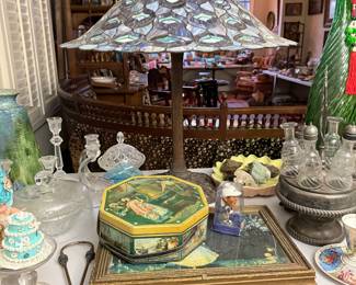 Peacock stain glass lamp w/ more glassware