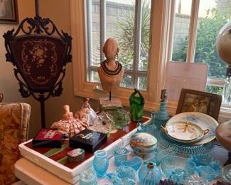 a lot of Fenton glass , Pin cushion dolls, pole screen