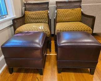 Edward Ferrell caned chairs/leather ottomans