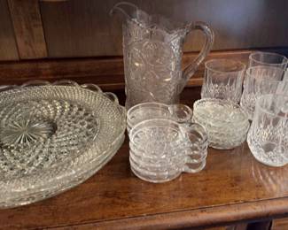 Glass Pitcher 6 Glass Tumblers 3 Glass Serving Round Platters 12 Glass Coasters