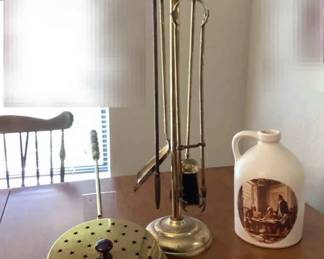 Antique Brass Bed Warmer With StarPierced Lid And Fire Place Tool Set McCoy 1776 Stoneware Jug