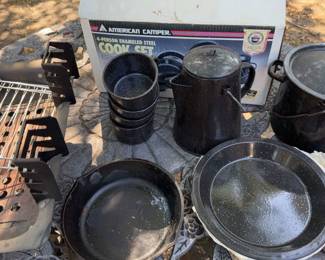 American Camper Enameled Steel Cook Set Small Cast Iron Pan And Small Grill
