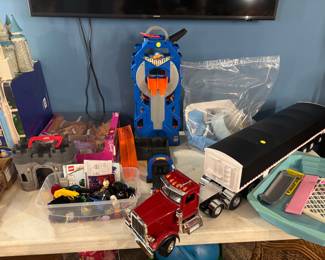 Huge large scale, semi truck toy hot wheels, large toy, track, miscellaneous Legos, a few little people toys