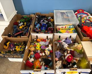 Diecast, toys, cars, tractors, little kids, toddler McDonald toys hot wheels, crayons, coloring books, miscellaneous