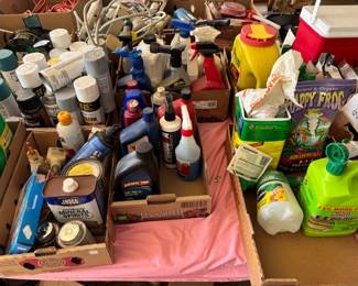 tons of full rustoleum spray paints, car cleaning chemicals, yard chemicals