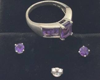 18K Gold Amethyst Post Earrings .68g * 925 Sterling Silver Amethyst Ring Size 10 * 6.70g