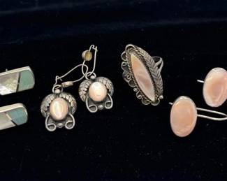 Sterling Silver Semi Precious Pink Stone Ladies Ring/Earrings Set * Pink Stone & Mother of Pearl