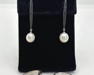 Sterling Silver/Pearl/Black Crystals Drop Pierced Earrings * Sterling Silver Pearl Rings Size 7