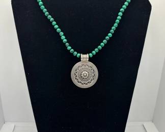 925 Sterling Silver * Malachite Bead Pendant Necklace , Pierced Teardrop Earrings