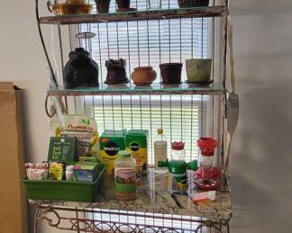 Bakers Rack and Assorted Pots