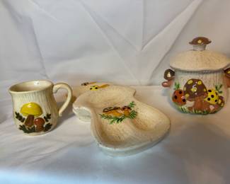 Mushroom spoon rests, mug, and grease jar