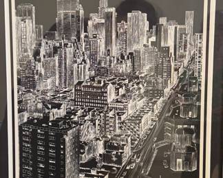 Black and white Lithograph of NYC by listed artist Sandra Finkenberg