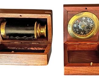Wood and Brass Telescope and Compass Set
