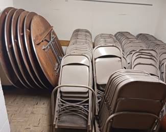 Metal folding chairs and round banquet tables $10 each for tables $2 each for chairs and then