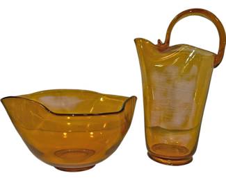 Amber Yellow Art Glass Pitcher and Bowl