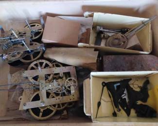 Box of Assorted Vintage Clock Parts and a Vintage Cast Iron Anvil for Small Jobs like Clock Repair
