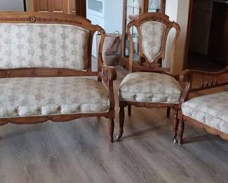 Extraordinary Set of Vintage Swedish Satin Wood Furniture (Platform Rocker, Reading Arm Chair, Love Seat) More than a 100 Years Old