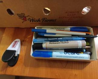 Box of Envelopes, Pens, and Markers