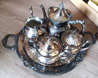 James W. Tufts Ornate Silver Plate on Copper Tea Set