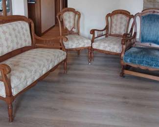 Extraordinary Set of Vintage Swedish Satin Wood Furniture (Platform Rocker, Reading Arm Chair, Love Seat) More than 100 Years Old