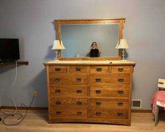 4-Piece Amish Hand Crafted Bedroom Set from Michigan - Large Dresser with Mirror (Lamps Sold Separately)