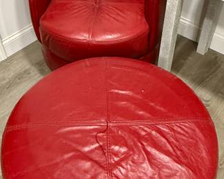 Red Leather Post Modern Chair and Ottoman in Red Leather.