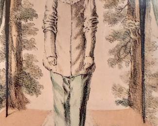 This framed artwork is an engraving or lithograph, likely a reproduction, depicting a figure in an Arabesque pose, similar to the iconic Pierrot character from the Baroque era