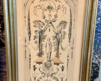 This framed artwork is an engraving or lithograph, likely a reproduction, depicting a figure in an Arabesque pose, similar to the iconic Pierrot character from the Baroque era. 