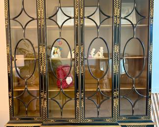 Extraordinary Chinoiserie Breakfront in Black Lacquer Finish. Hand painted with Glass Doors 