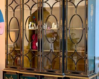 Extraordinary Chinoiserie Breakfront in Black Lacquer Finish. Hand painted with Glass Doors 