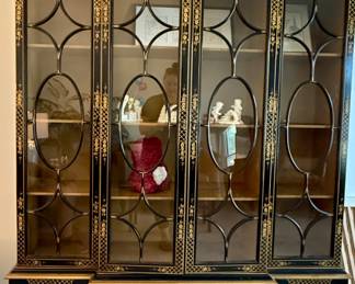 Extraordinary Chinoiserie Breakfront in Black Lacquer Finish. Hand painted with Glass Doors 