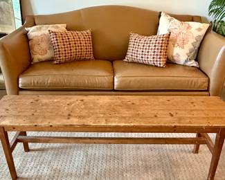 Really nice looking Ethan Allen Fine Leather Camelback Sofa.  Shown with Antique/Primitive Coffee Table