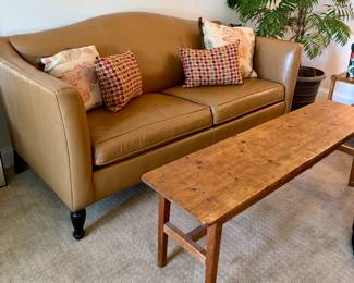 Really nice looking Ethan Allen Fine Leather Camelback Sofa.  Shown with Antique/Primitive Coffee Table
