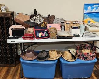 Handbags and Clutches. Name brands and eel skin. Hats.