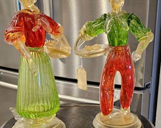 Murano-style Venetian Glass Peasant Figures (Pair).
Hand-blown Italian glass, mid-century. Minor internal glass stress line on female figure.