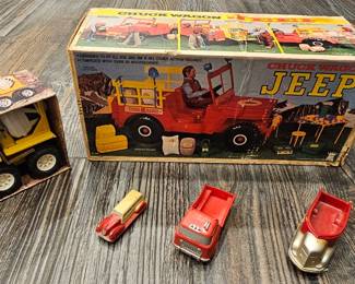 Chuck Wagon Jeep with accessories and box. BuddyL Mixer NIB, Sun Rubber Company vehicles.