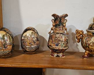 Vintage Japanese Satsuma-style ceramics including 2 eggs, handled vase, and lidded urn
