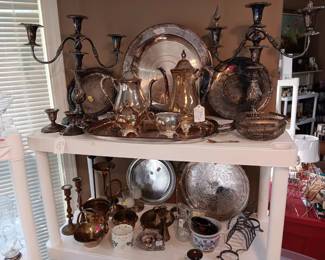 Silver plate tea set. Candlelabras. Misc serving pieces