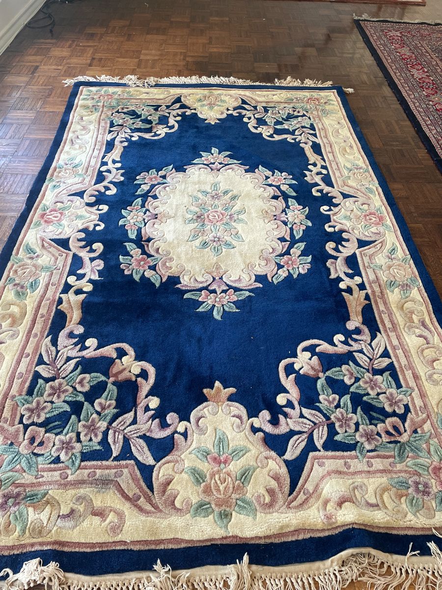 SMALLER VIBRANT BLUE WOOL RUG - THIS ONE WAS NOT SEEN AT THE FIRST SALE -IT WAS ROLLED UP AND TAPED SHUT SO WE DIDN'T EVEN KNOW WE HAD THIS FABULOUS BLUE RUG HERE