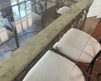 BEVELED GLASS TOP HEAVY WROUGHT IRON TABLE AND 6 CHAIRS