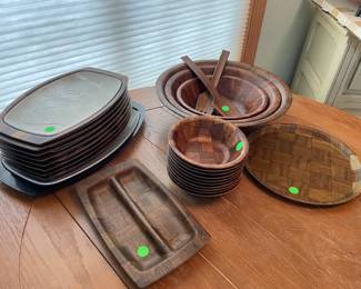 Basket weave salad bowls with serving bowls and platters with metal inserts