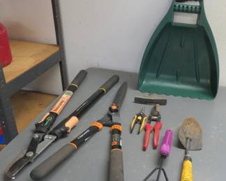 Leaf scoops, hedge trimmers
