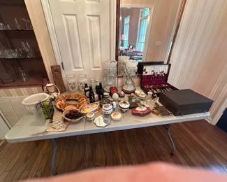 Vintage Platted Silver dinnerware Sets and othr glassware. Even a chamber pot.