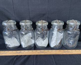 VINTAGE GLASS BALL IDEAL CANNING JARS W/ GLASS LIDS & WIRE BAIL CLOSURE 