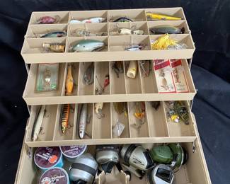 VINTAGE FISHING TACKLE  BOX & CONTENTS ( ZEBCO REELS & MORE ) 