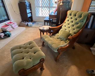 This lovely lounger and foot stool are in amazing condition. Tufted green cotton velveteen fabric and beautiful walnut wood frames were made in the 1960's in Newport Beach, Ca. This unique pair are a must for that special room, in that special home..