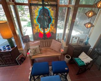 “The Chapel Room” we just today configured and named has MCM bamboo stools, MCM fixtures and this wonderful antique stained glass depiction of St. Joseph… Beautifully kept with just a few small cracks.