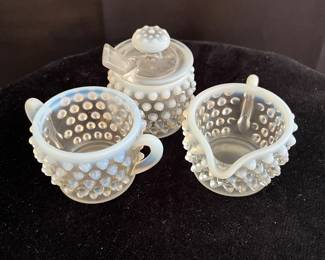 FENTON HOBNAIL CREAMER, SUGAR AND CONDIMENT SET