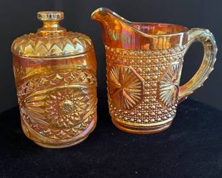 IMPERIAL GLASS MARIGOLD STAR MEDALION CREAMER AND SUGAR